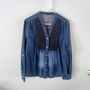 Colby Fx Chambray Denim Boho Blouse Lace Panel Peasant Top Cottagecore L